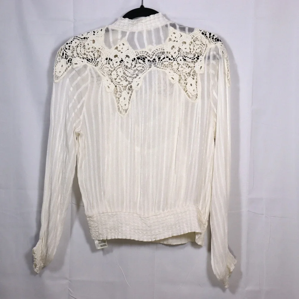 Anthropologie‎ Lace Trim Blouse 10 Ivory Womens Boho Tassel Peasant Top